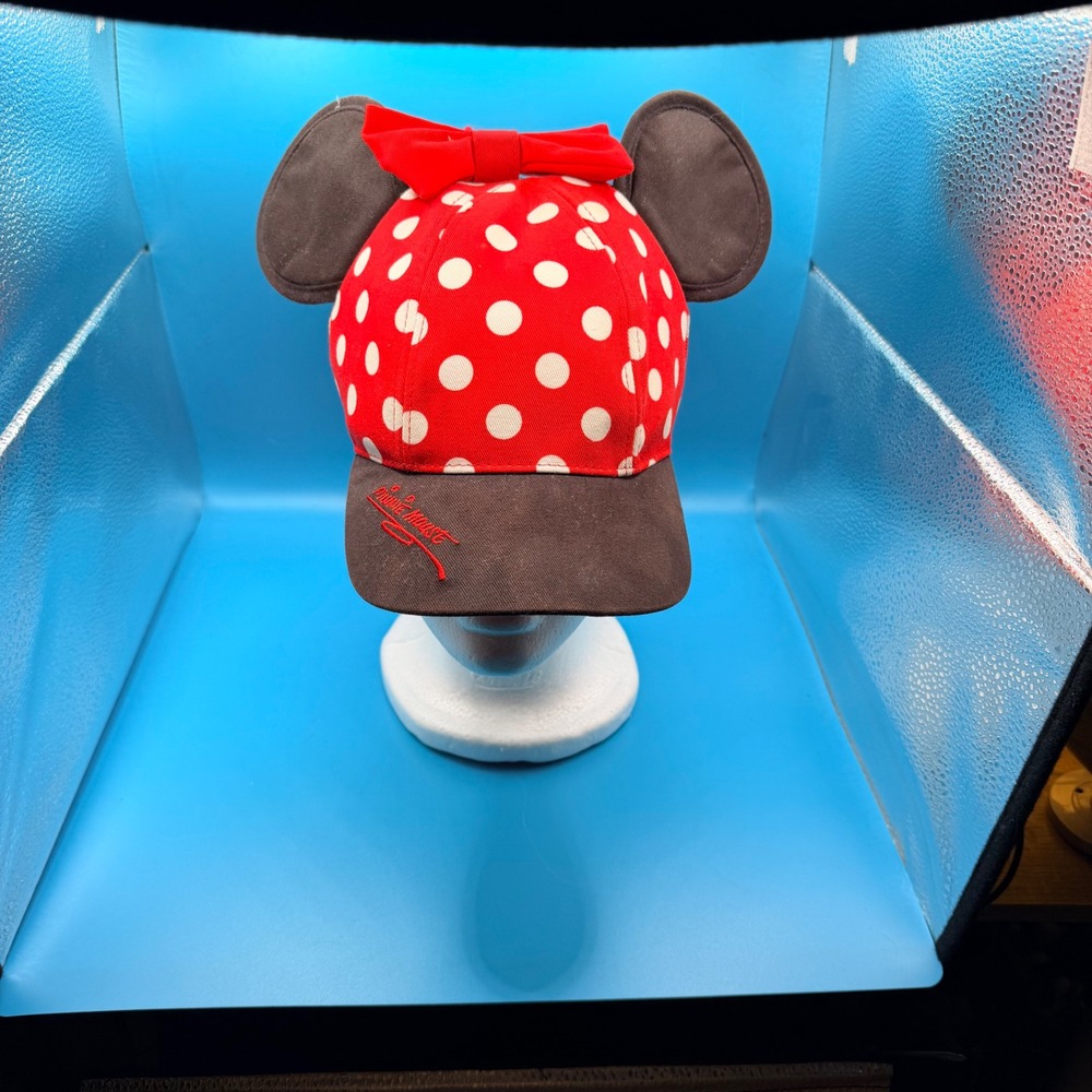 Disney Parks Minnie Mouse Polka Dot Ears Bow Snapback Hat Youth Red Black